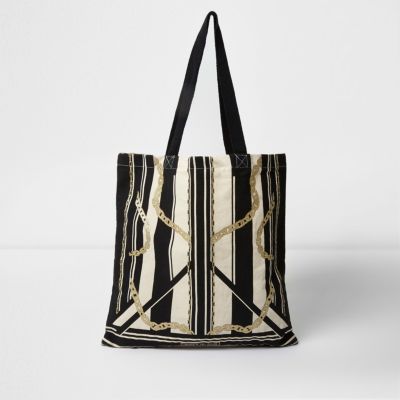 Beige stripe and chain print shopper bag
